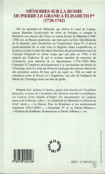 Mémoire sur la Russie de Pierre Le Grand à Elisabeth Ière (1720-1742) (9782738454126-back-cover)