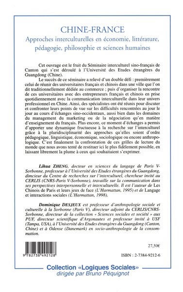 CHINE-FRANCE, Approches interculturelles en économie, littérature, pédagogie, philosophie et sciences humaines (9782738492128-back-cover)