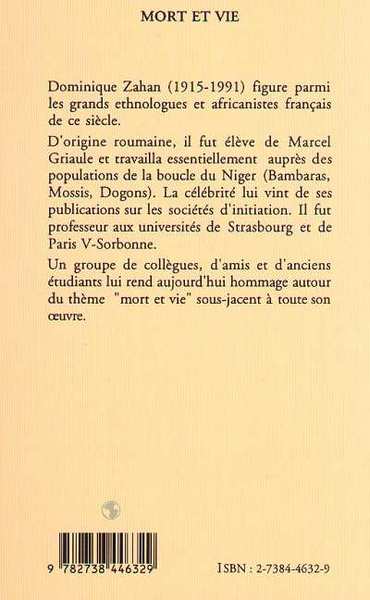 Mort et vie (Hommage au professeur D. Zahan) (9782738446329-back-cover)