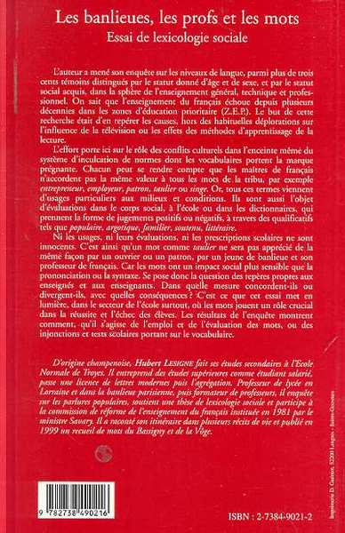 LES BANLIEUES, LES PROFS ET LES MOTS, Essai de lexicologie sociale (9782738490216-back-cover)