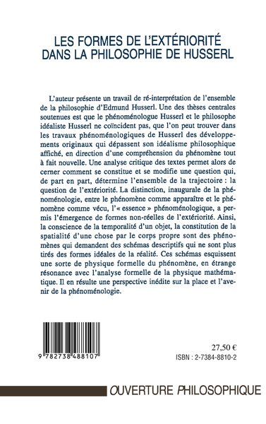 LES FORMES DE L'EXTERIORITE DANS LA PHILOSOPHIE DE HUSSERL (9782738488107-back-cover)
