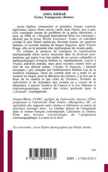 Assia Djebar, Ecrire, transgresser, résister (9782738452535-back-cover)