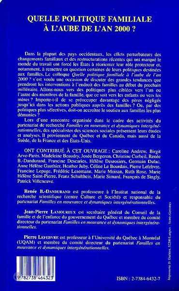 Quelle politique familiale à l'aube de l'an 2000 ? (9782738464323-back-cover)