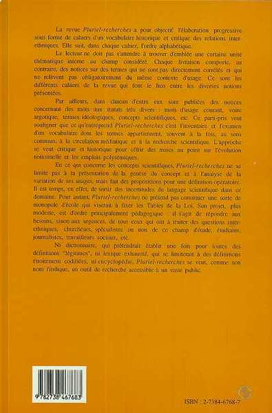 Pluriel Recherches, Vocabulaire historique et critique des relations inter-ethniques, Cahier n°5 Année 1997 (9782738467683-back-cover)