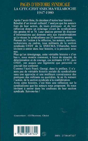 PAGES D'HISTOIRE SYNDICALE, LA CFTC-CFDT SCNECMA-VILLAROCHE 1947-1980 (9782738487322-back-cover)