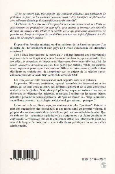 La santé, indicateur d'environnements, Tome 2 - Gérer agir (9782738447289-back-cover)