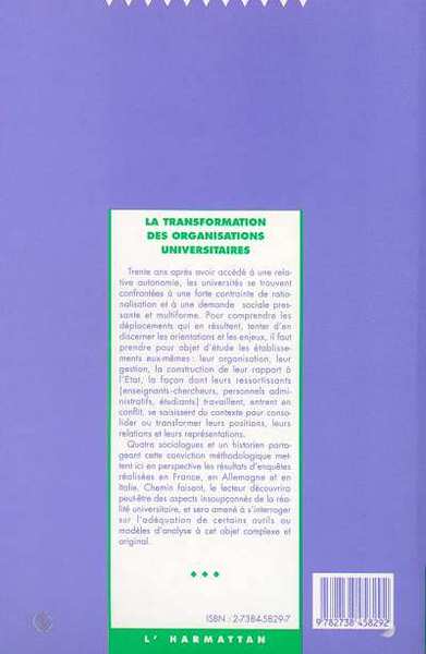 Sociétés Contemporaines, La transformation des organisations universitaires (9782738458292-back-cover)