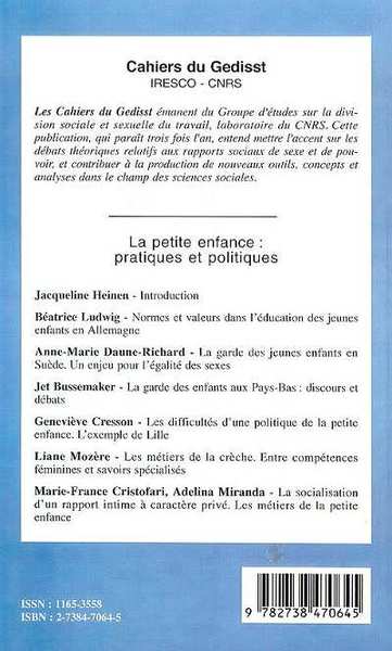 Cahiers du Genre, LA PETITE ENFANCE : PRATIQUES ET POLITIQUES (9782738470645-back-cover)