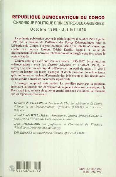 RÉPUBLIQUE DÉMOCRATIQUE DU CONGO, Chronique politique dun entre-deux-guerres Octobre 1996- Juillet 1998 - Cahiers Africains n°  (9782738473264-back-cover)