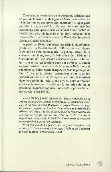Les institutions judiciaires à Madagascar et dépendances, Tome 1: de 1896 à 1945 (9782738420305-back-cover)