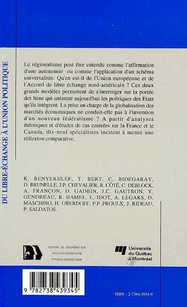 Du libre-échange à l'union politique, Le Canada, la France (9782738439345-back-cover)