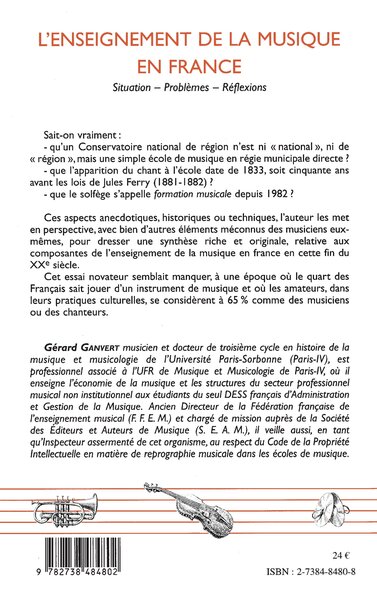 L'ENSEIGNEMENT DE LA MUSIQUE EN FRANCE, Situation- Problèmes- Réflexions (9782738484802-back-cover)