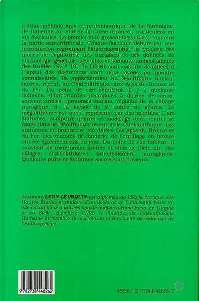 Atlas préhistorique et protohistorique de la Sardaigne, Tome 2 - Pays de Villanova, Nurra, Sassarese, Angolna, Meil (9782738448262-back-cover)