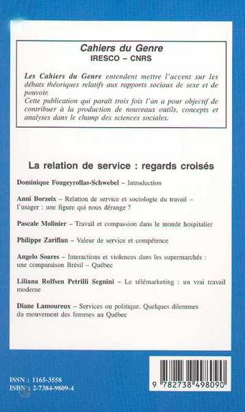 Cahiers du Genre, LA RELATION DE SERVICE, Regards croisés (9782738498090-back-cover)