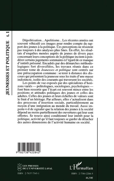 Jeunesses et politique, Conceptions de la politique en Amérique du Nord et en Europe Tome 1 - Tome 1 (9782738422842-back-cover)