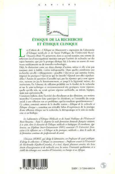 Éthique de la Recherche et Éthique Clinique (9782738468024-back-cover)
