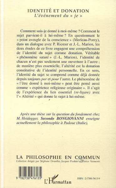 IDENTITE ET DONATION, L'événement du " je " (9782738476135-back-cover)