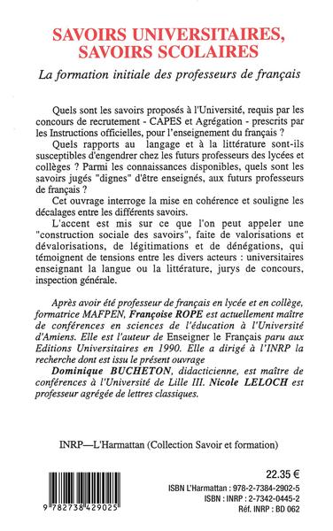 Savoirs universitaires, savoirs scolaires, La formation initiale des professeurs de français (9782738429025-back-cover)