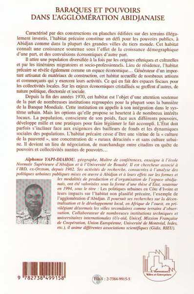 BARAQUES ET POUVOIRS DANS L'AGGLOMÉRATION ABIDJANAISE (9782738499158-back-cover)