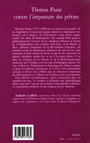 THOMAS PAINE CONTRE L'IMPOSTURE DES PRÊTRES (9782738471932-back-cover)