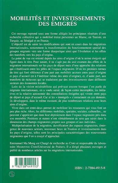 MOBILITE DES INVESTISSEMENTS DES EMIGRES, Maroc, Tunisie, Turquie, Sénégal (9782738449153-back-cover)