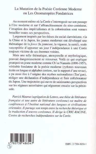 LA MUTATION DE LA POESIE COREENNE MODERNE, ou les Onomatopées Fondatrices (9782738486547-back-cover)