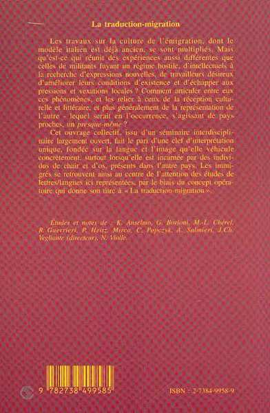 LA TRADUCTION-MIGRATION, Déplacements et transferts culturels Italie-France XIXe-XXe siècles (9782738499585-back-cover)