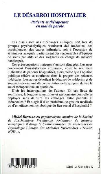 LE DESARROI HOSPITALIER, Patients et thérapeutes en mal de parole (9782738488510-back-cover)