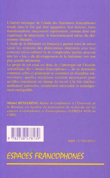 LA FRANCOPHONIE LITTERAIRE, Essai pour une théorie (9782738478139-back-cover)