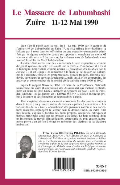 Le massacre de Lubumbashi, Zaïre 11-12 mai 1990 - Dossier d'un témoin accusé (9782738413932-back-cover)