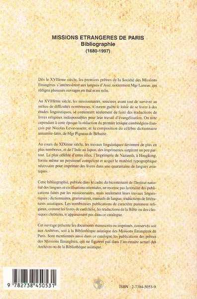 Missions Etrangères et langues orientales, Bibliographie de 1680 jusqu'à 1996 - Contribution de la S. M. E (9782738450531-back-cover)