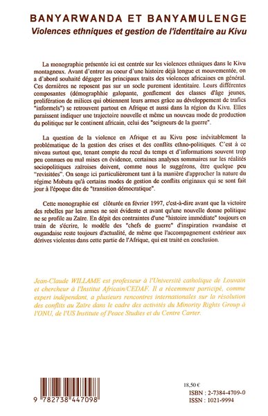 Banyarwanda et Banyamulenge, Violences ethniques et gestion de l'identitaire au Kiwu (9782738447098-back-cover)