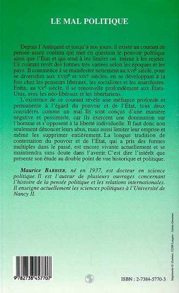 LE MAL POLITIQUE, Les critiques du pouvoir et de l'état (9782738457707-back-cover)