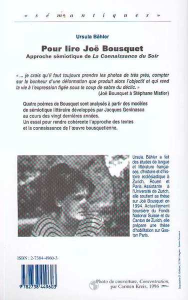 Pour lire Joë Bousquet, Approche sémiotique de La connaissance du Soir (9782738449603-back-cover)