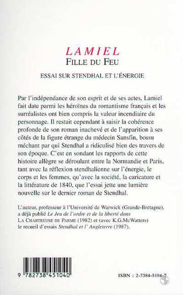 Lamiel fille du feu, Essai sur Stendhal et l'énergie (9782738451040-back-cover)