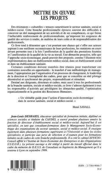 METTRE EN UVRE LES PROJETS, Approche socio-économique : une démarche proactive des établissements et services sanitaires et soc (9782738490865-back-cover)