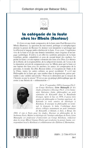 Sociétés Africaines et Diaspora, LA CATÉGORIE DE LA FAUTE CHEZ LES MBALA (BANTOUS), Paul Ricoeur en question (9782738497512-back-cover)