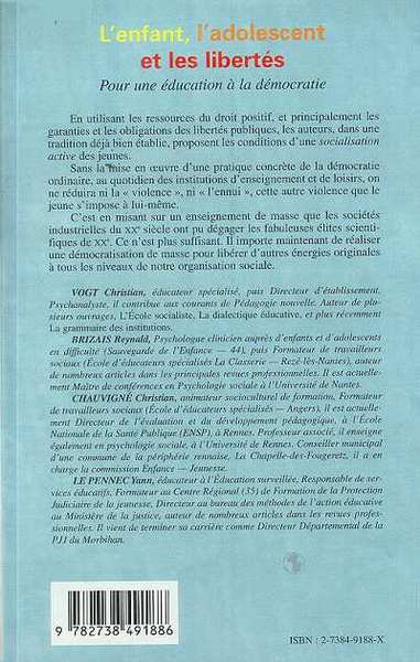 L'ENFANT , L'ADOLESCENT ET LES LIBERTES, Pour une éducation à la démocratie (9782738491886-back-cover)