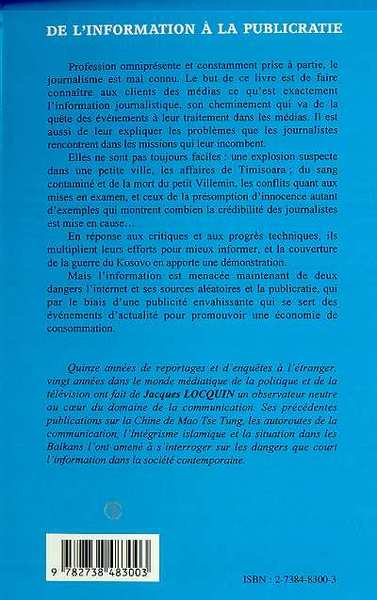 INFORMATION (DE L') A LA PUBLICRATIE, Profession journaliste (9782738483003-back-cover)