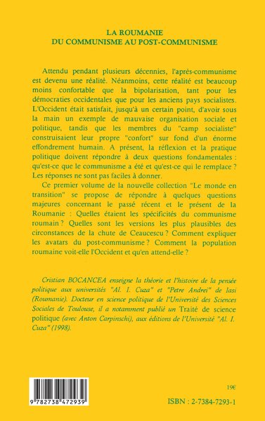 LA ROUMANIE DU COMMUNISME AU POST-COMMUNISME (9782738472939-back-cover)