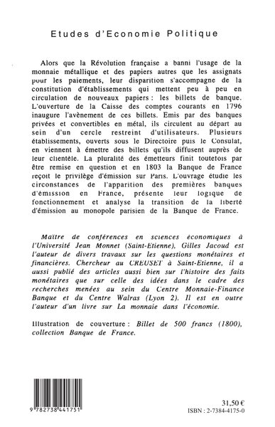Le billet de banque en France (1796-1803), De la diversité au monopole (9782738441751-back-cover)