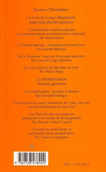 Recherches Africaines, LA CRISE CONGOLAISE, Approche pluridisciplinaire (9782738478924-back-cover)