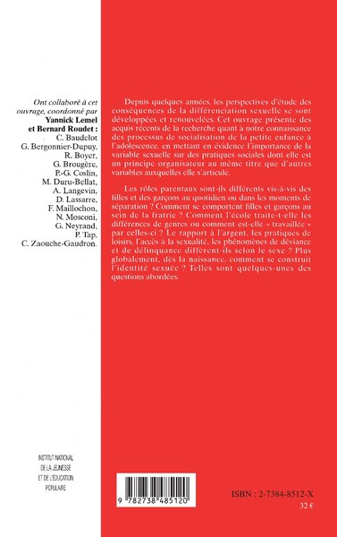 FILLES ET GARÇONS JUSQU'À L'ADOLESCENCE, Socialisations différentielles (9782738485120-back-cover)