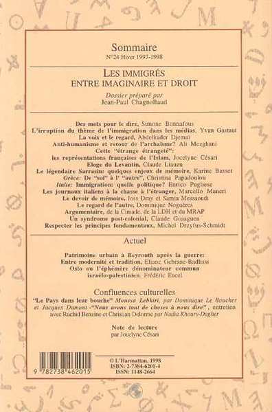 Confluences Méditerranée, Les immigrés, entre imaginaire et droit (9782738462015-back-cover)