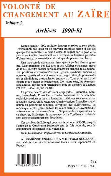 Volonté de changement au Zaïre, Tome 2 (9782738407641-back-cover)