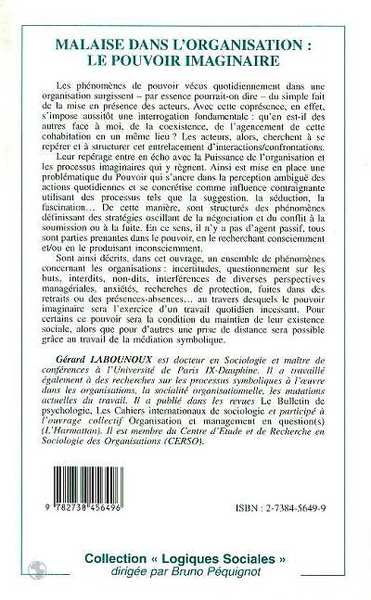 MALAISE DANS L'ORGANISATION : LE POUVOIR IMAGINAIRE (9782738456496-back-cover)