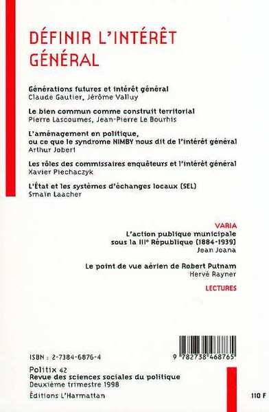 Politix, DEFINIR L'INTERET GÉNÉRAL (9782738468765-back-cover)