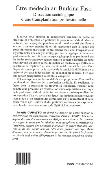 ETRE MEDECIN AU BURKINA FASO, Dissection sociologique d'une transplantation professionnelle (9782738479532-back-cover)