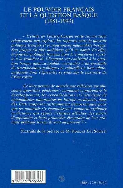 Le pouvoir français et la question basque (1981-1993) (9782738456366-back-cover)