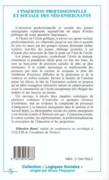 L'INSERTION PROFESSIONNELLE ET SOCIALE DES NEO-ENSEIGNANTS (9782738479686-back-cover)